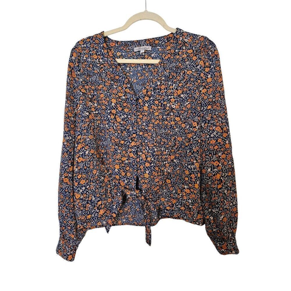 Wishlist Apparel navy with rust and cream floral print tie front blouse. Size L.